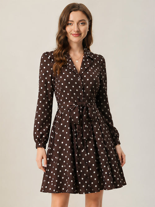 Polka Dots Puff Long Sleeves Tie Waist A-Line Shirt Dress