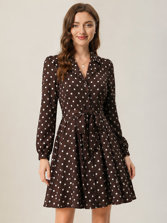 Polka Dots Puff Long Sleeves Tie Waist A-Line Shirt Dress