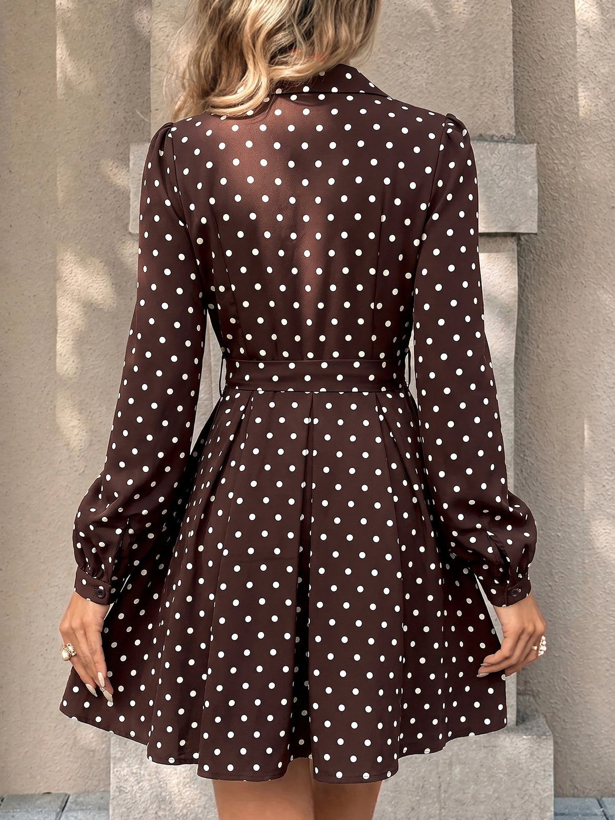 Polka Dots Puff Long Sleeves Tie Waist A-Line Shirt Dress