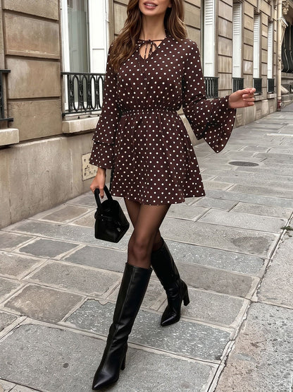 Polka Dots Layered Bell Sleeves A-Line Mini Dress