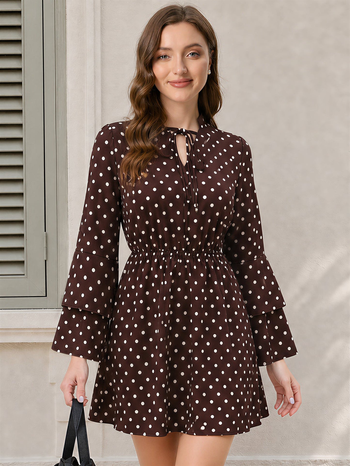 Polka Dots Layered Bell Sleeves A-Line Mini Dress