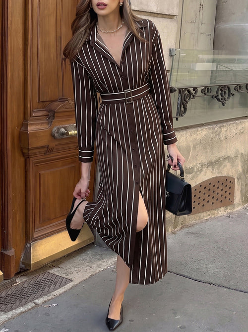 Striped Long Sleeves Belted Maxi Shirt Dress