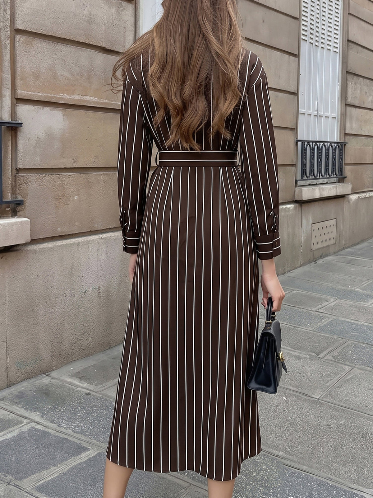 Striped Long Sleeves Belted Maxi Shirt Dress