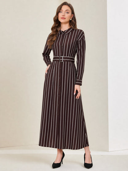Striped Long Sleeves Belted Maxi Shirt Dress