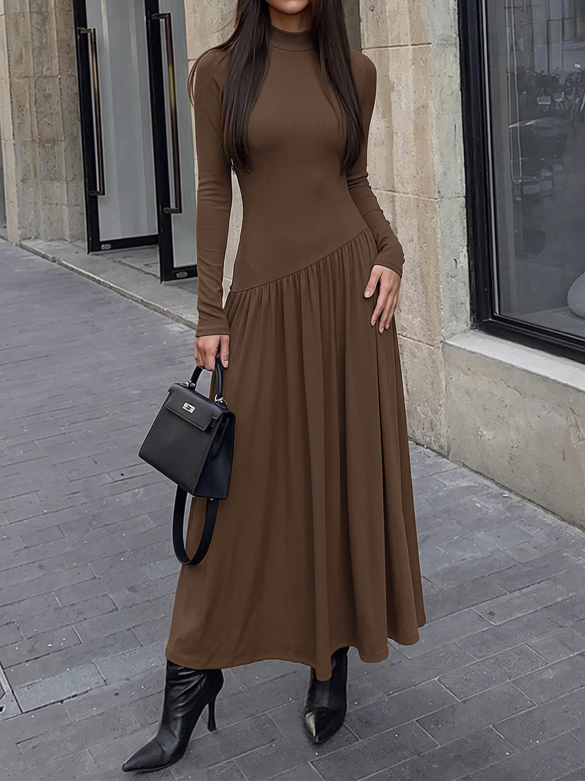 Mock Neck Long Sleeves Irregular Waistline Maxi Dress