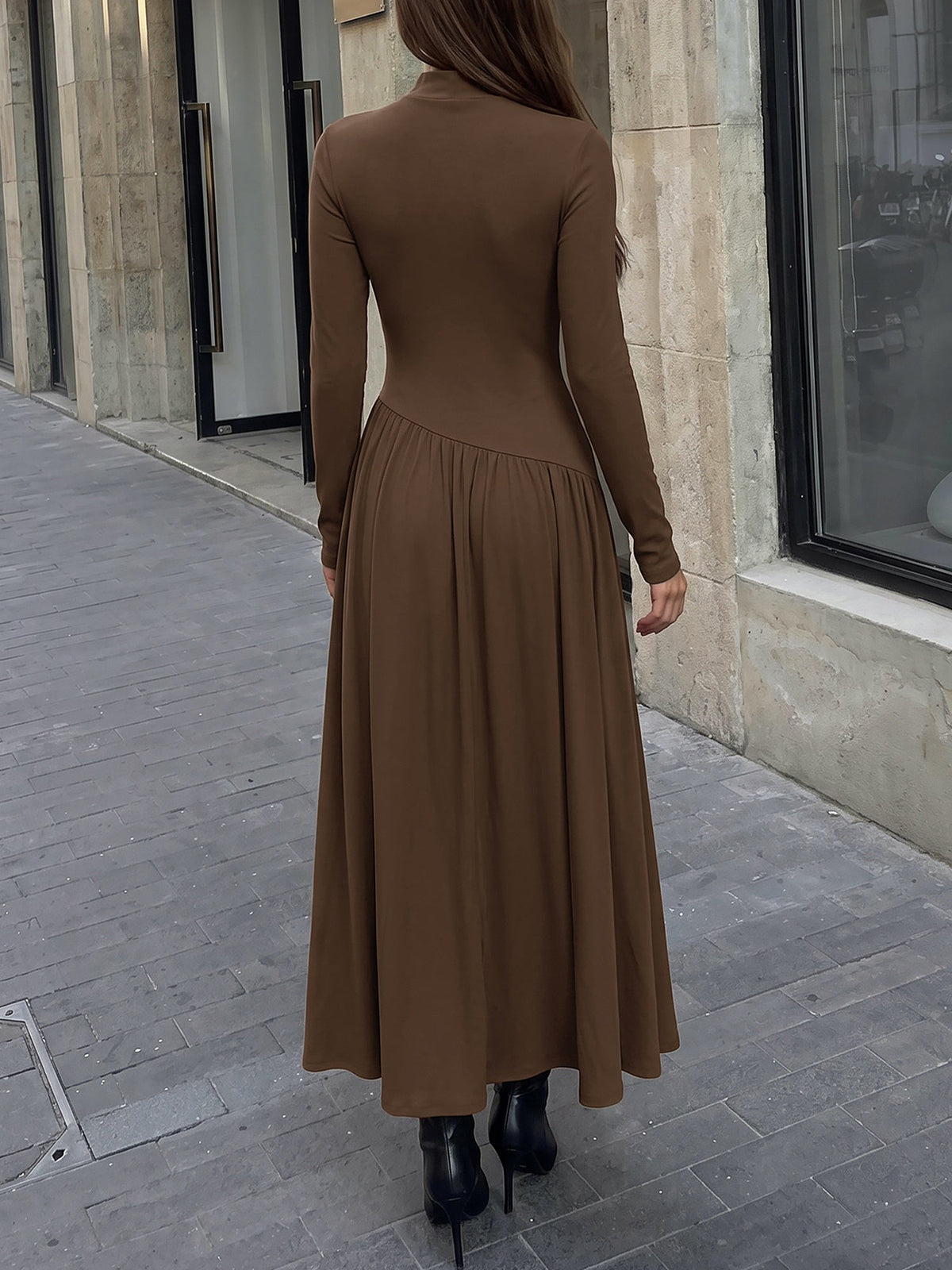 Mock Neck Long Sleeves Irregular Waistline Maxi Dress