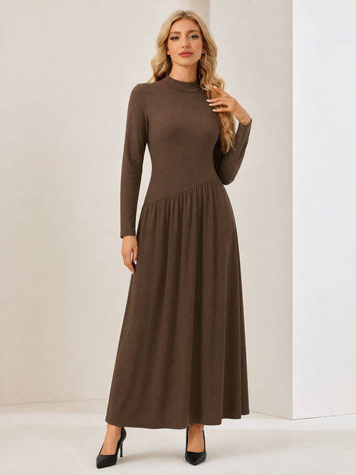 Mock Neck Long Sleeves Irregular Waistline Maxi Dress