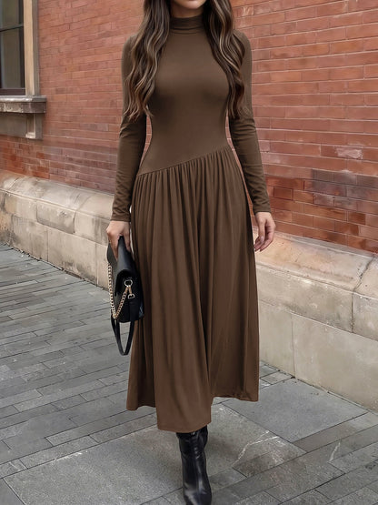 Mock Neck Long Sleeves Irregular Waistline Maxi Dress