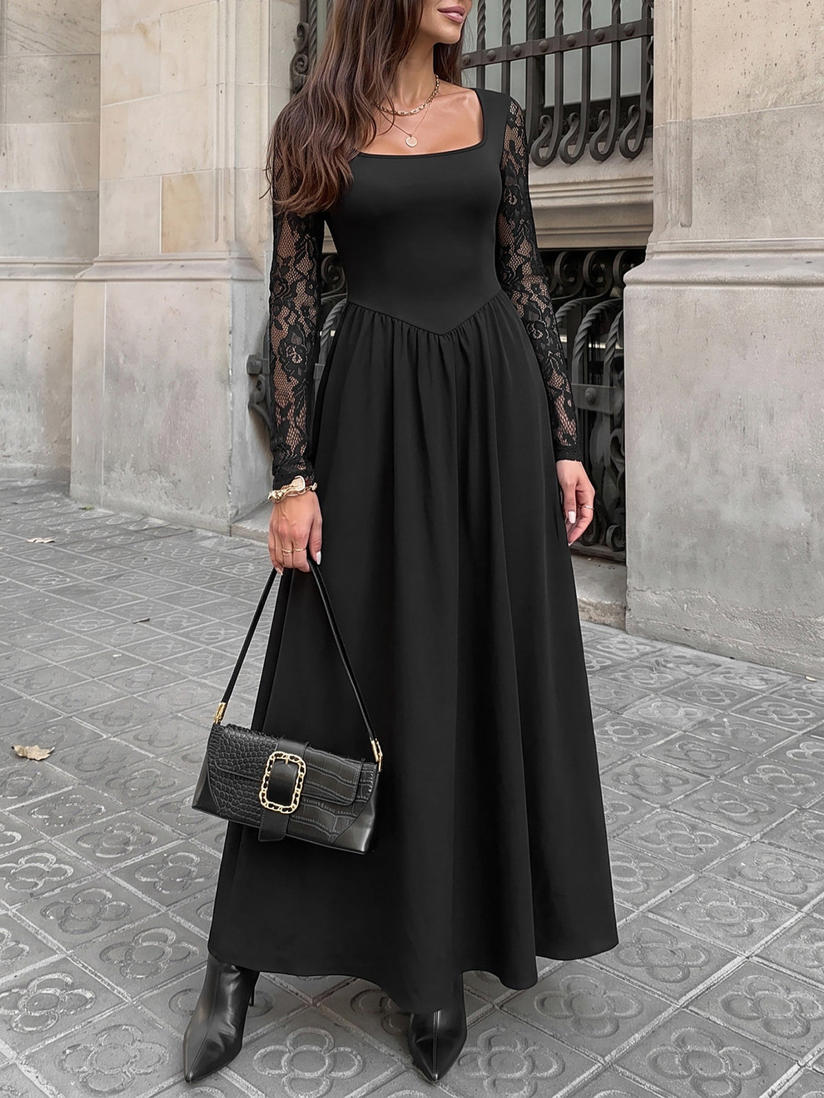 Square Neck Sheer Lace Long Sleeves A-Line Dress