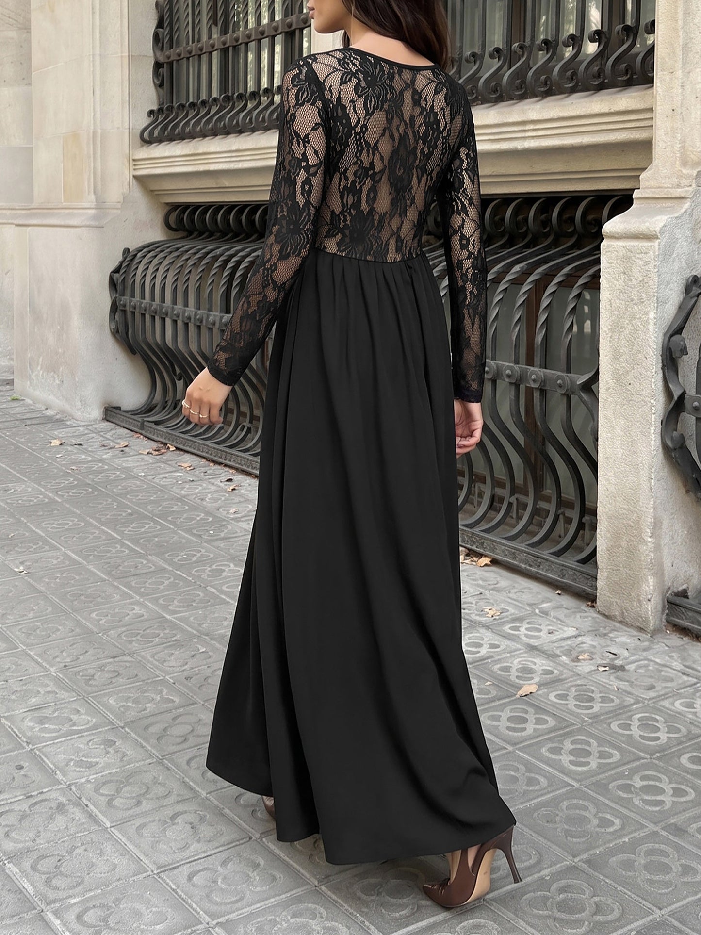 Square Neck Sheer Lace Long Sleeves A-Line Dress