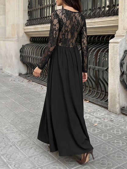 Square Neck Sheer Lace Long Sleeves A-Line Dress