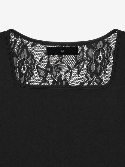 Square Neck Sheer Lace Long Sleeves A-Line Dress