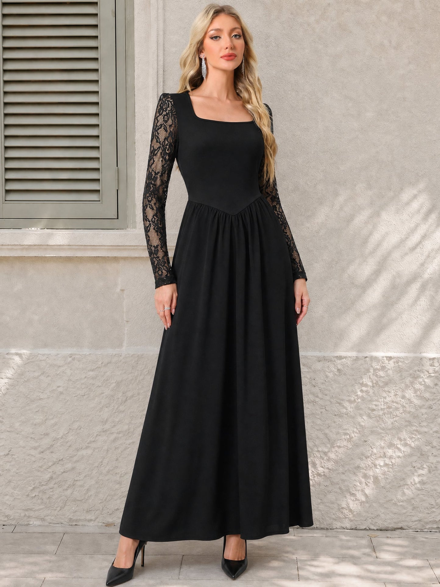 Square Neck Sheer Lace Long Sleeves A-Line Dress