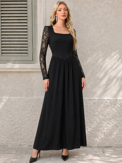 Square Neck Sheer Lace Long Sleeves A-Line Dress
