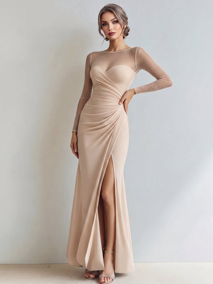 Mesh Illusion Neck Ruched Slit Maxi Prom Dress