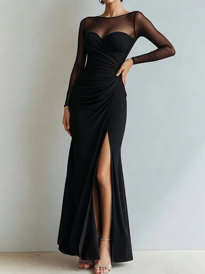 Mesh Illusion Neck Ruched Slit Maxi Prom Dress