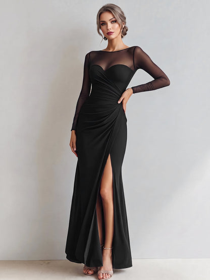 Mesh Illusion Neck Ruched Slit Maxi Prom Dress