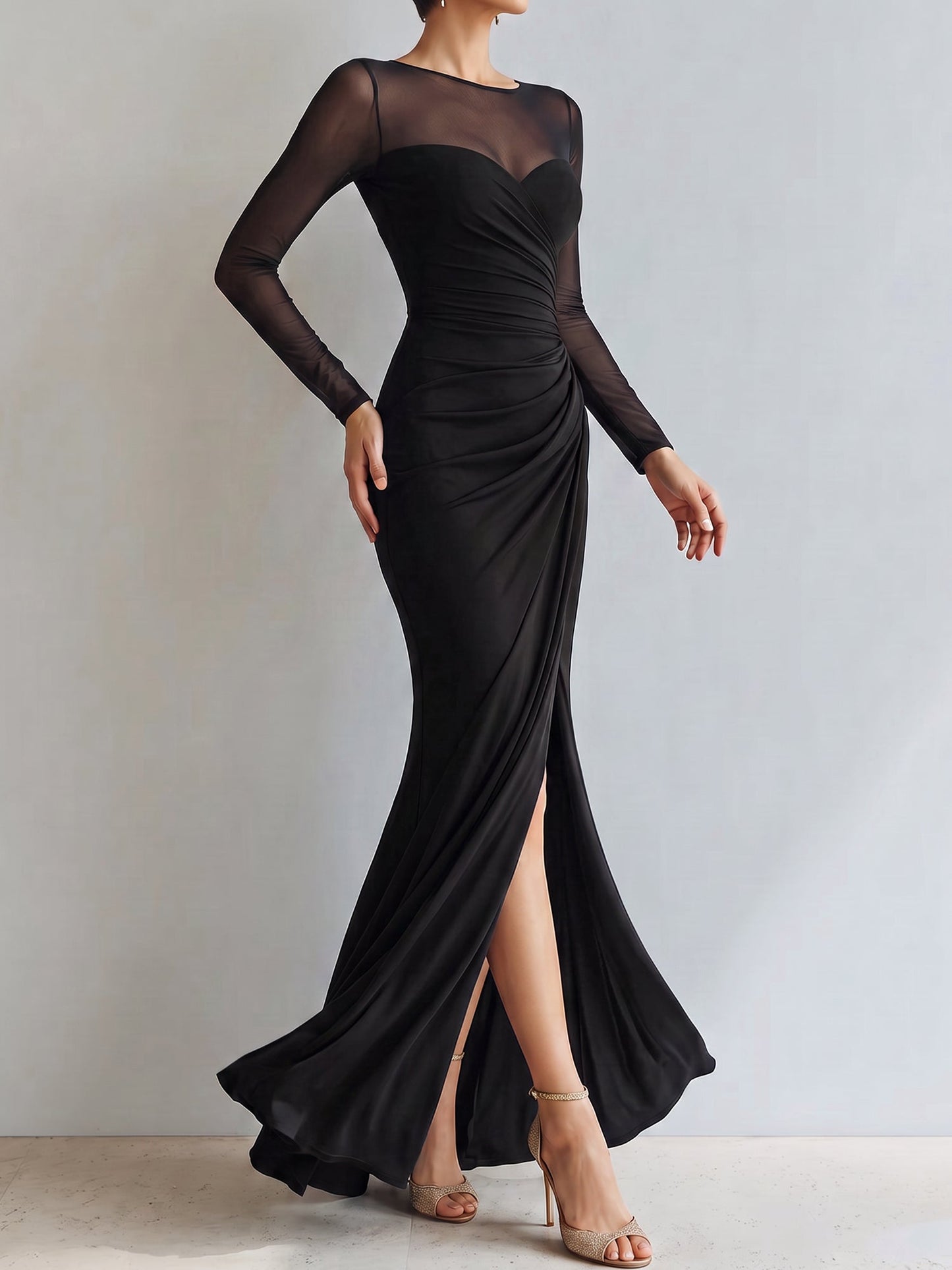 Mesh Illusion Neck Ruched Slit Maxi Prom Dress