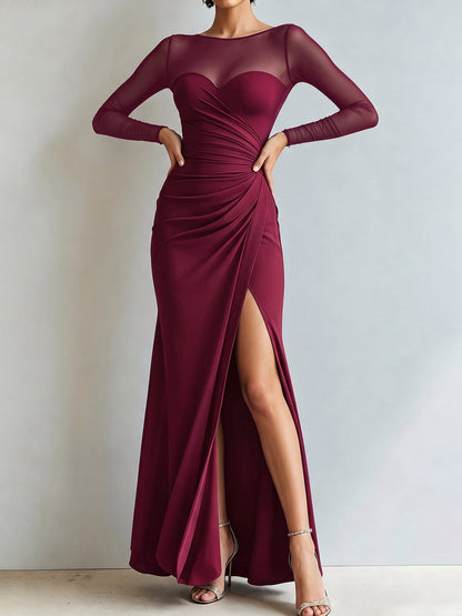 Mesh Illusion Neck Ruched Slit Maxi Prom Dress