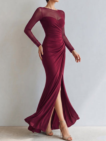 Mesh Illusion Neck Ruched Slit Maxi Prom Dress