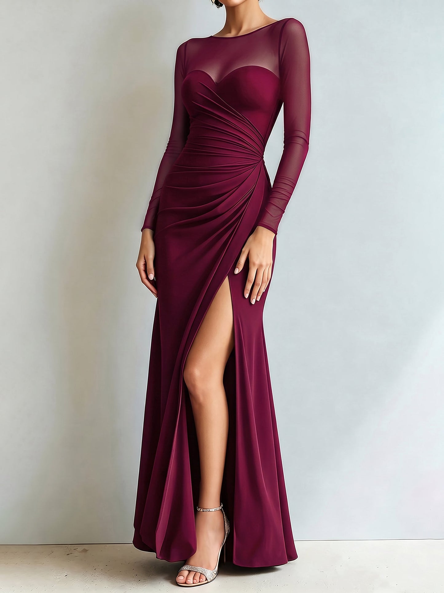 Mesh Illusion Neck Ruched Slit Maxi Prom Dress