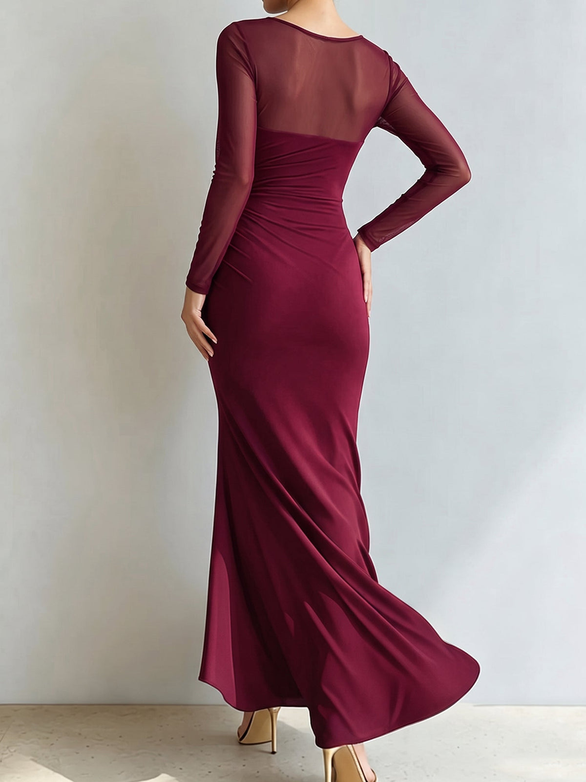 Mesh Illusion Neck Ruched Slit Maxi Prom Dress