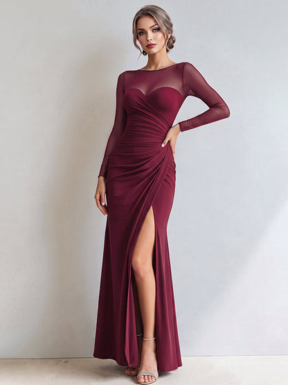 Mesh Illusion Neck Ruched Slit Maxi Prom Dress