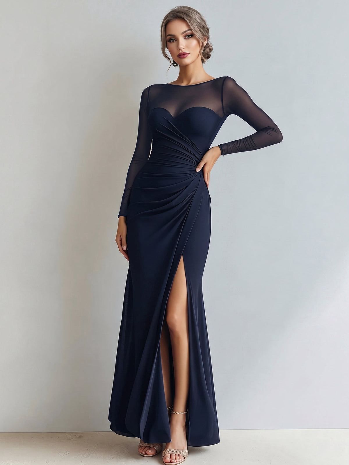 Mesh Illusion Neck Ruched Slit Maxi Prom Dress