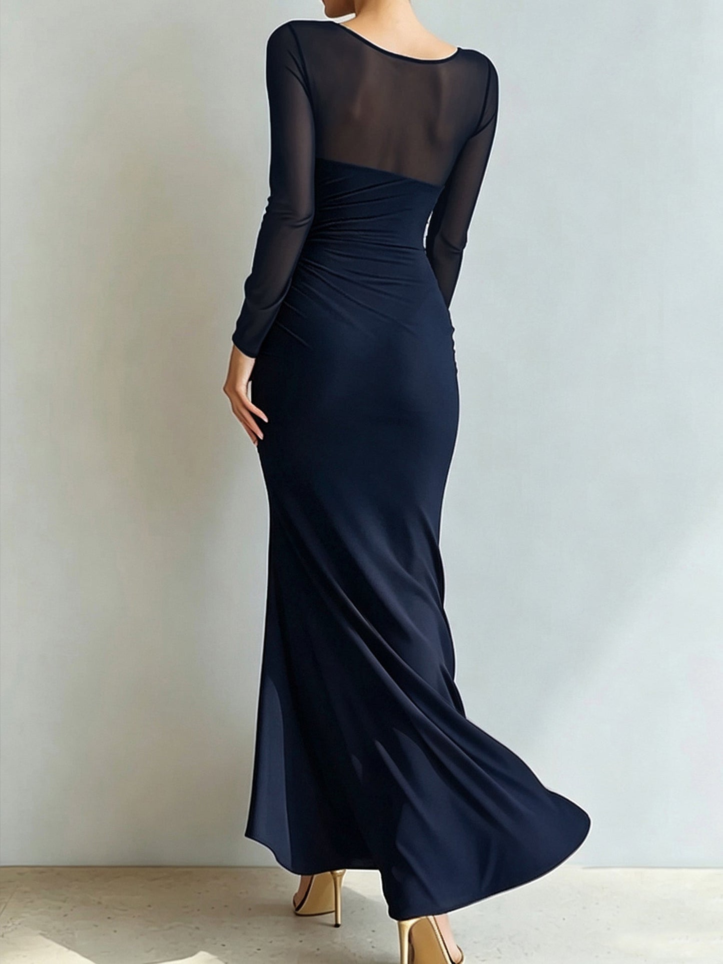 Mesh Illusion Neck Ruched Slit Maxi Prom Dress