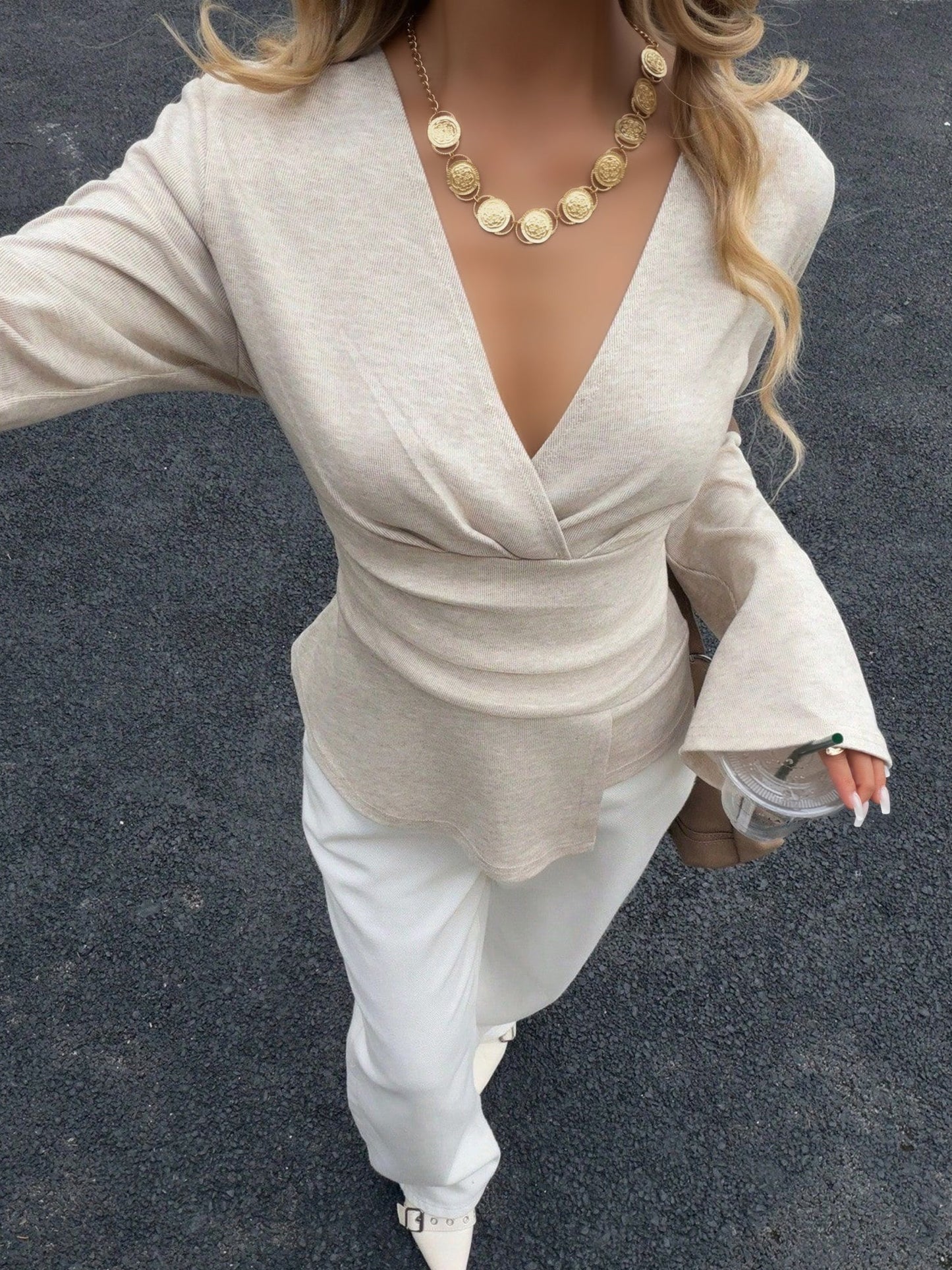 V Neck Long Bell Sleeves Slim Fit Knit Top