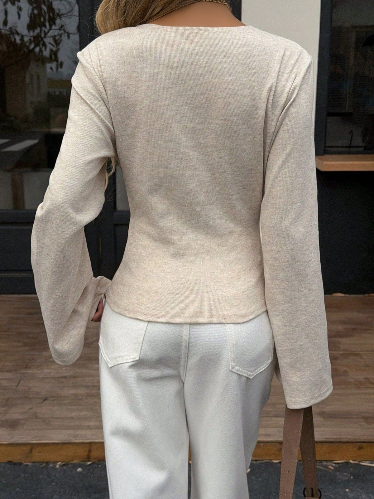 V Neck Long Bell Sleeves Slim Fit Knit Top