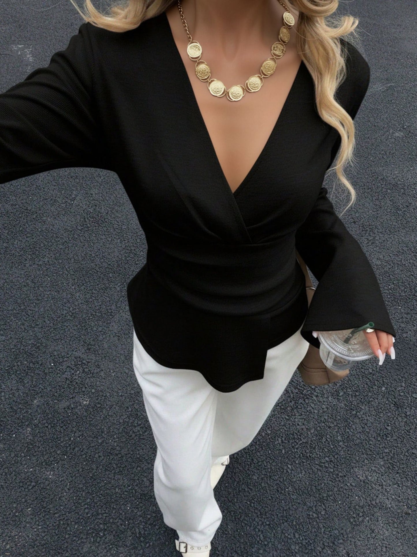V Neck Long Bell Sleeves Slim Fit Knit Top