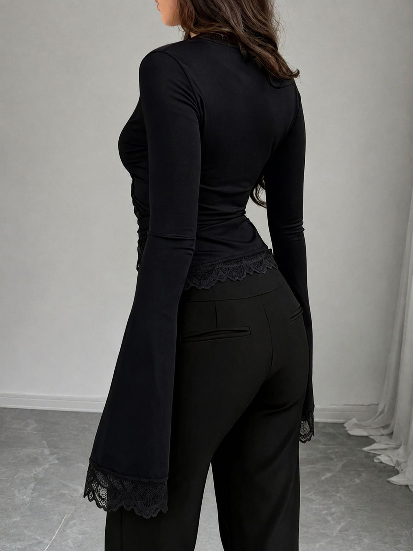 Lace Trim Long Sleeves Lace-Up Wrap Blouse