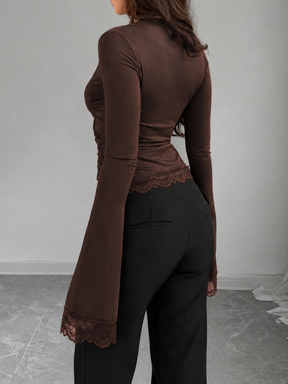 Lace Trim Long Sleeves Lace-Up Wrap Blouse