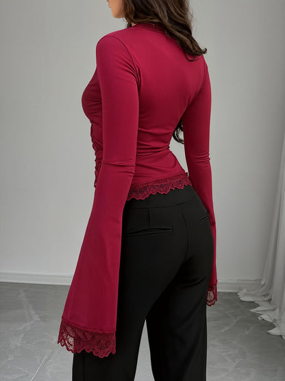 Lace Trim Long Sleeves Lace-Up Wrap Blouse