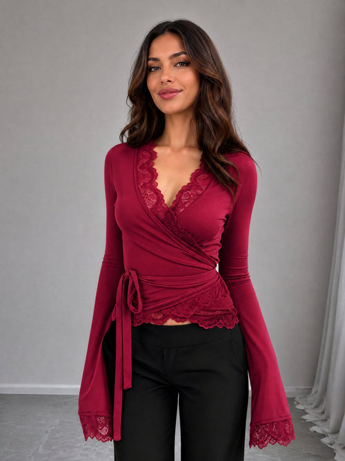 Lace Trim Long Sleeves Lace-Up Wrap Blouse