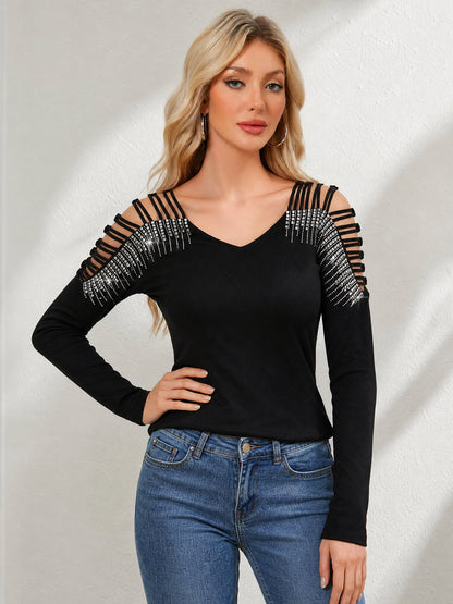 Faux Rhinestone Cold Shoulder Long Sleeves Blouse