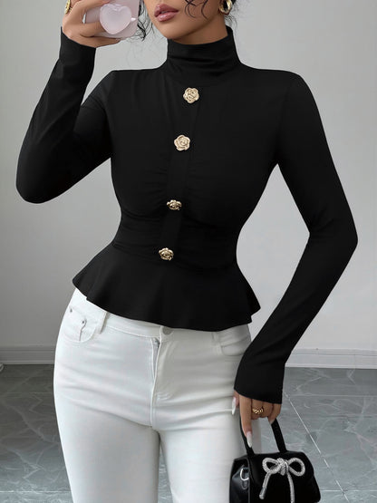 Mock Neck Long Sleeves Peplum Blouse