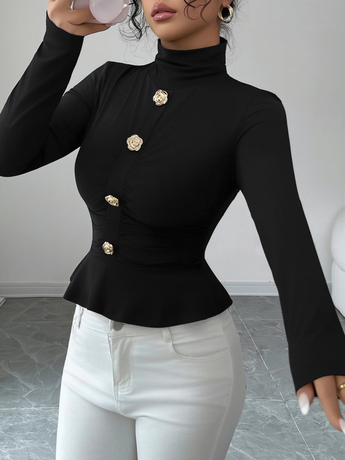 Mock Neck Long Sleeves Peplum Blouse