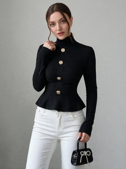 Mock Neck Long Sleeves Peplum Blouse