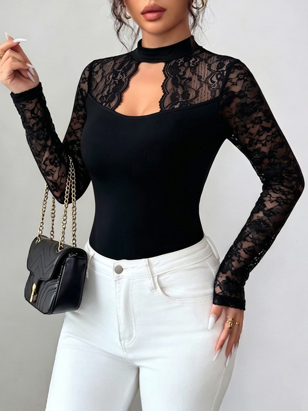 Mock Neck Lace Patchwork Long Sleeves Blouse