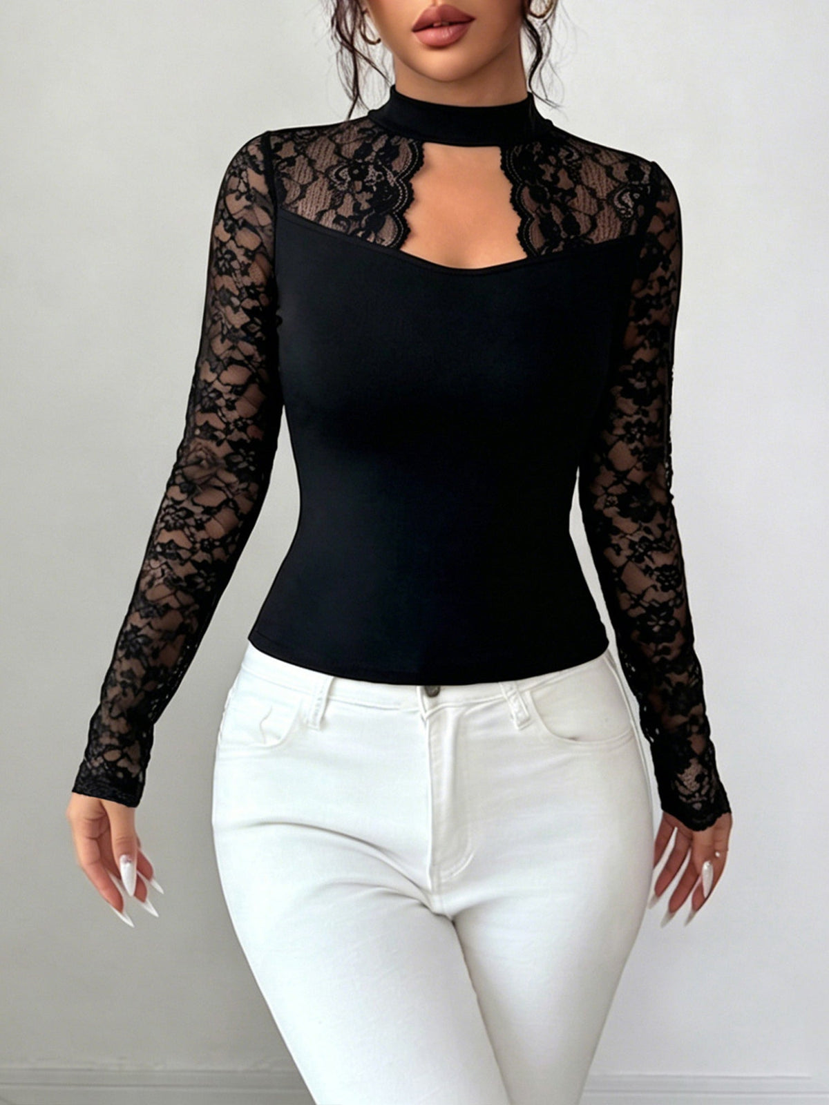 Mock Neck Lace Patchwork Long Sleeves Blouse