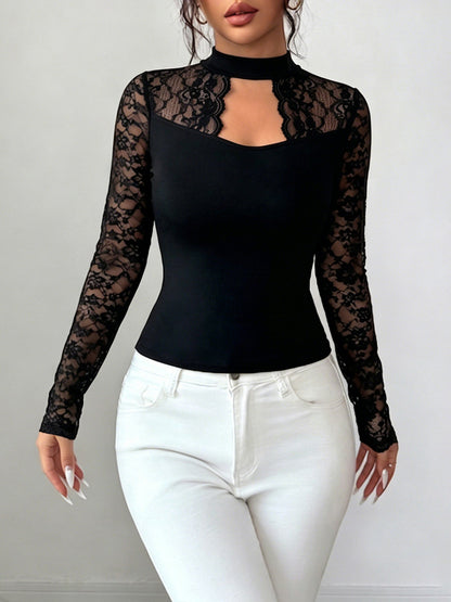 Mock Neck Lace Patchwork Long Sleeves Blouse