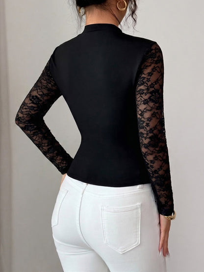 Mock Neck Lace Patchwork Long Sleeves Blouse