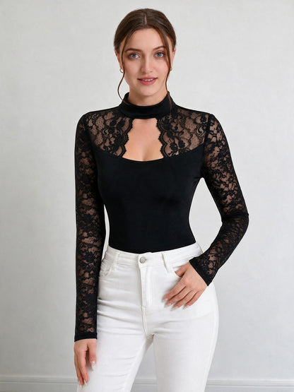 Mock Neck Lace Patchwork Long Sleeves Blouse