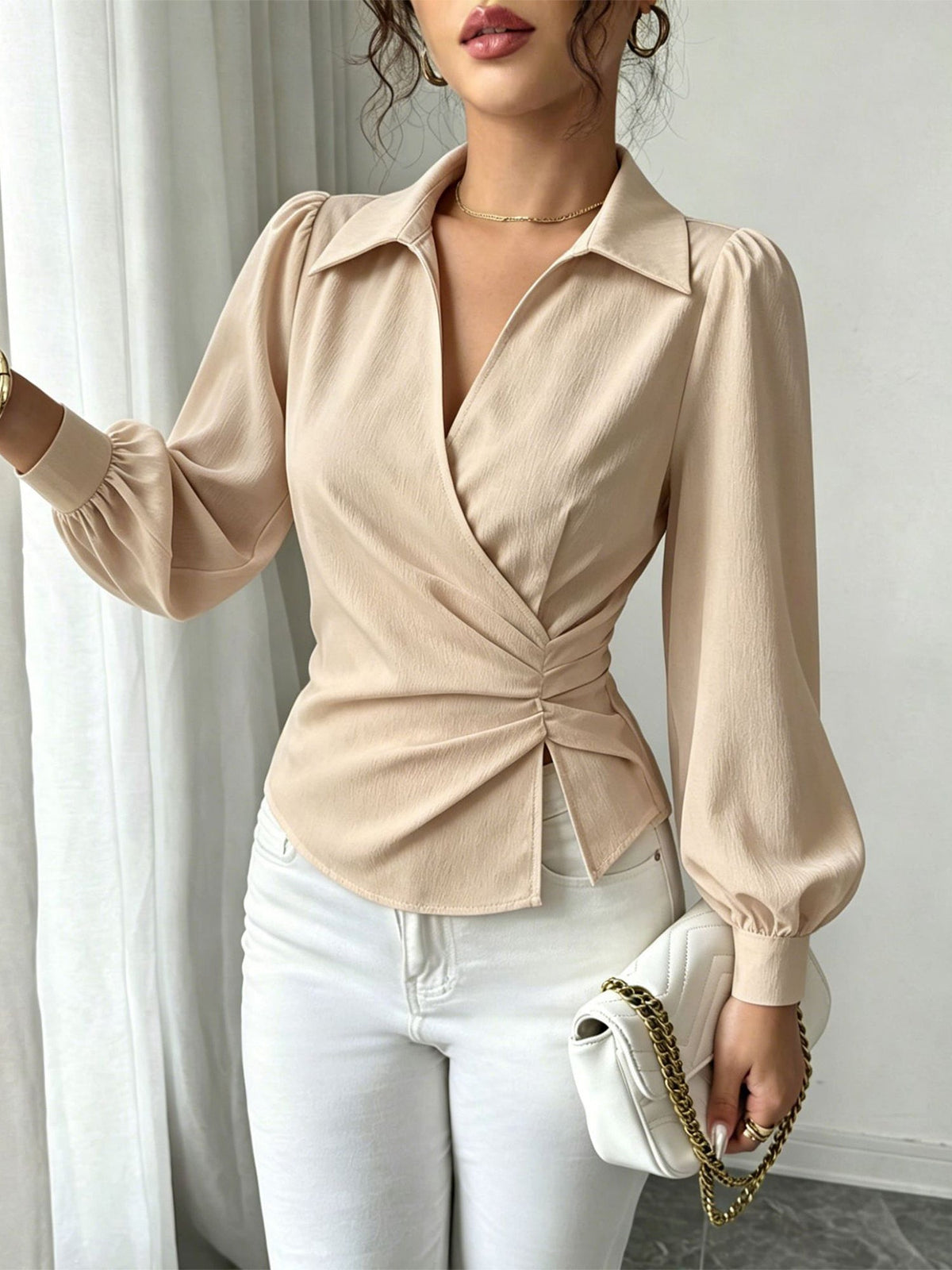 V Neck Puff Sleeves Ruched Cinched Waist Blouse