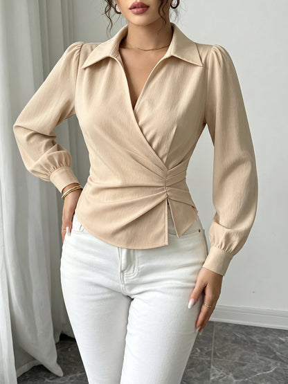 V Neck Puff Sleeves Ruched Cinched Waist Blouse