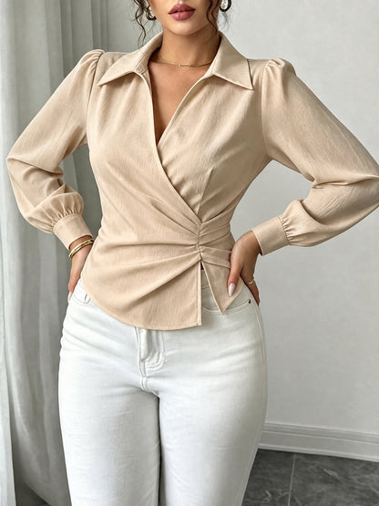 V Neck Puff Sleeves Ruched Cinched Waist Blouse