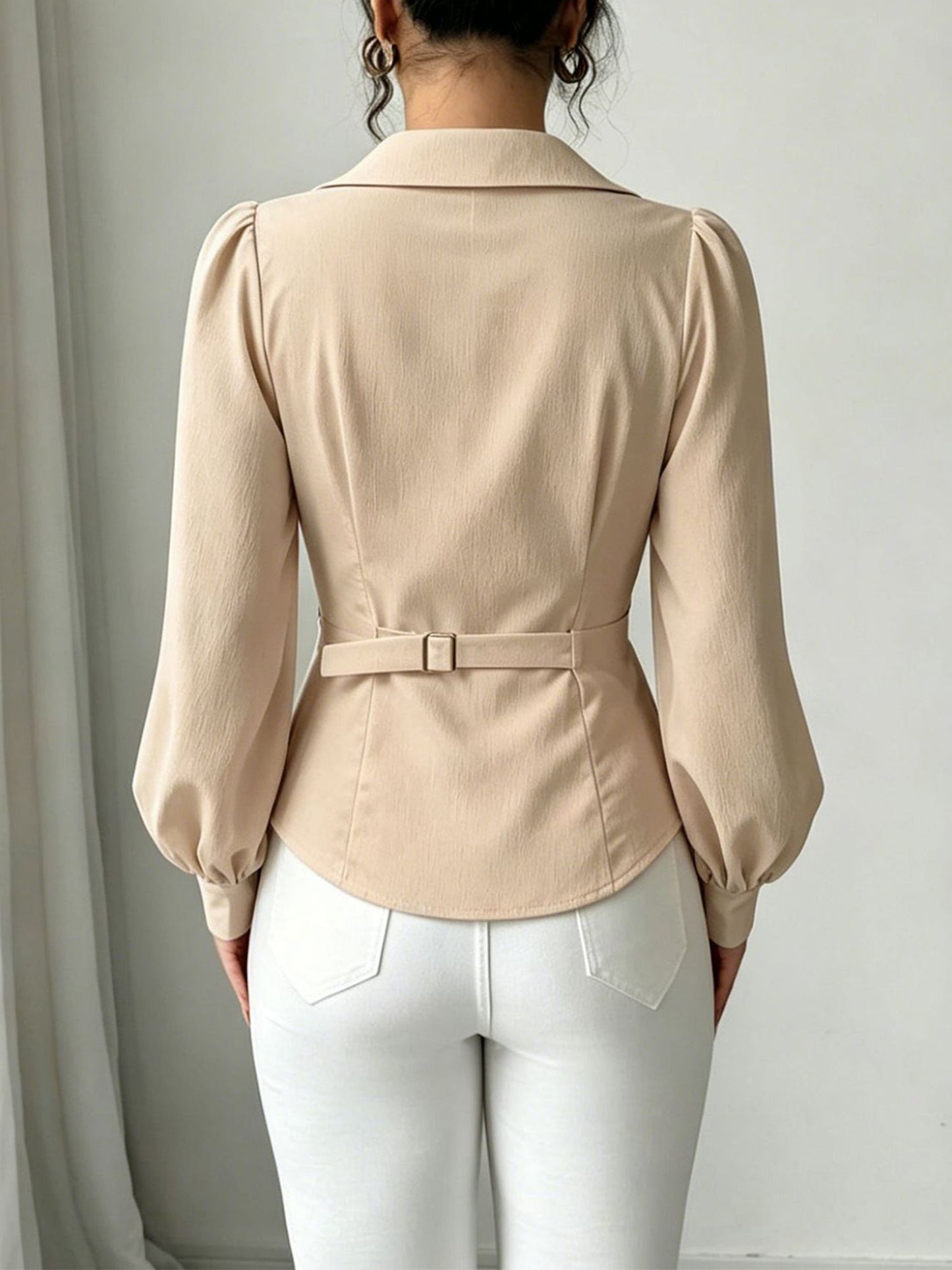 V Neck Puff Sleeves Ruched Cinched Waist Blouse