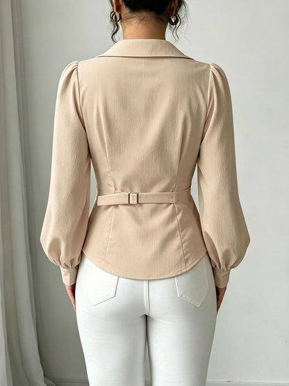 V Neck Puff Sleeves Ruched Cinched Waist Blouse
